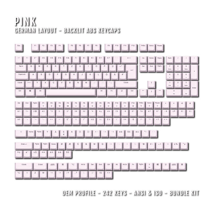 Light Pink German (ISO-DE) Backlit ABS Keycaps for Windows & Mac Krome Keycaps LTD german