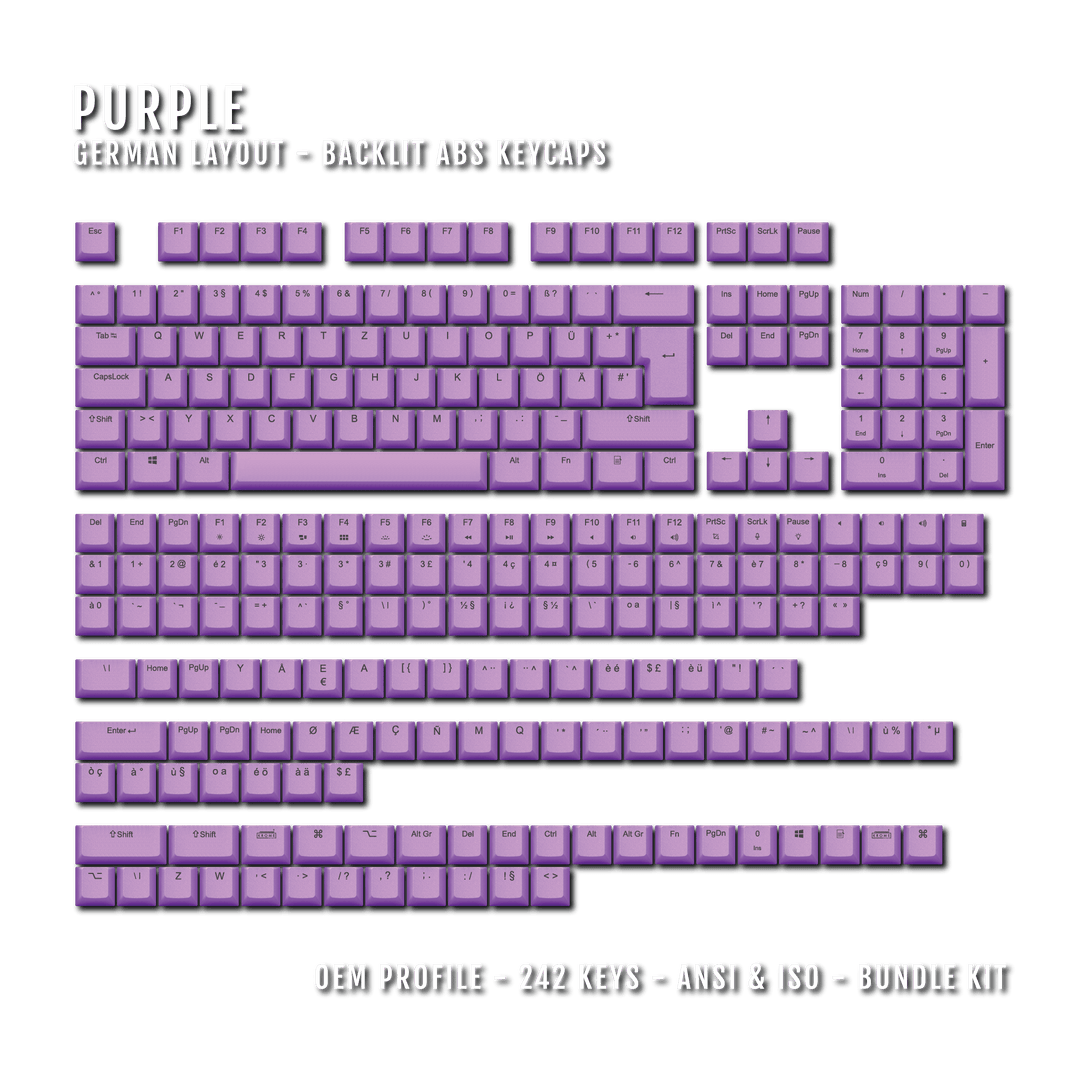 Purple German (ISO-DE) Backlit ABS Keycaps for Windows & Mac Krome Keycaps LTD german