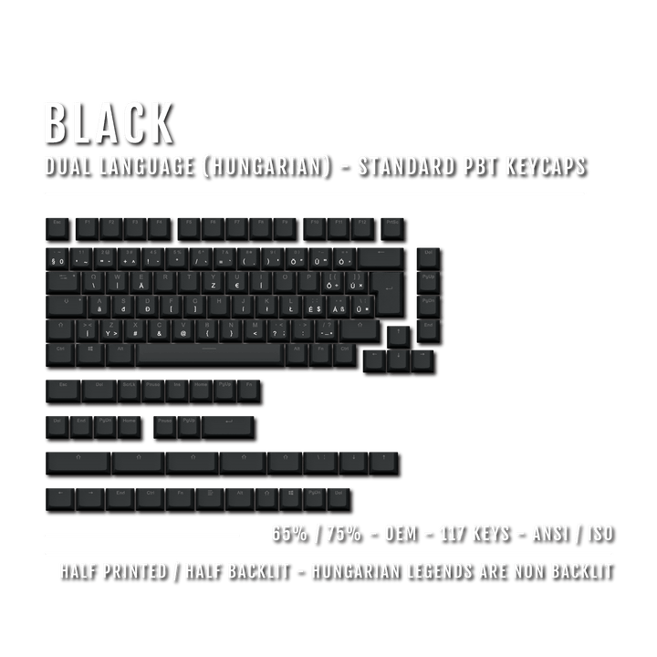 Black Hungarian (ISO-HU) Dual Language PBT Keycaps - 65/75%