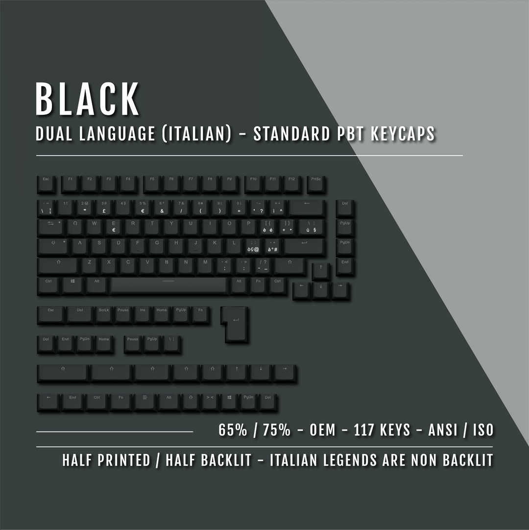 Black Italian (ISO-IT) Dual Language PBT Keycaps - 65/75% Krome Keycaps LTD italian