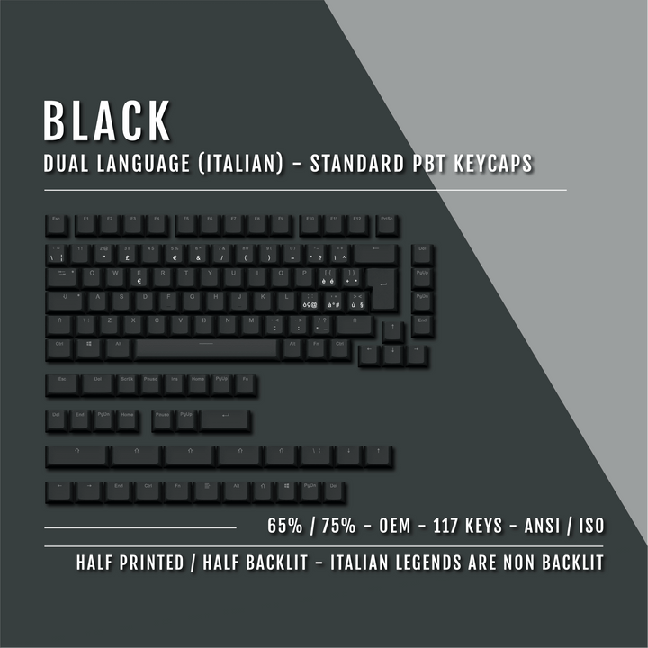 Black Italian (ISO-IT) Dual Language PBT Keycaps - 65/75% Krome Keycaps LTD italian