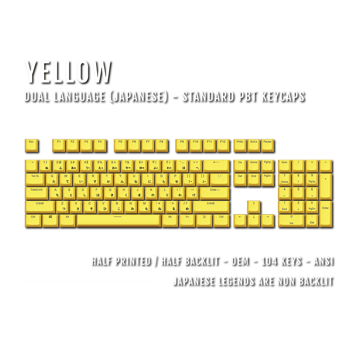 US Yellow PBT Japanese (Hiragana) Keycaps - 100% Size - Dual Language Keycaps - kromekeycaps
