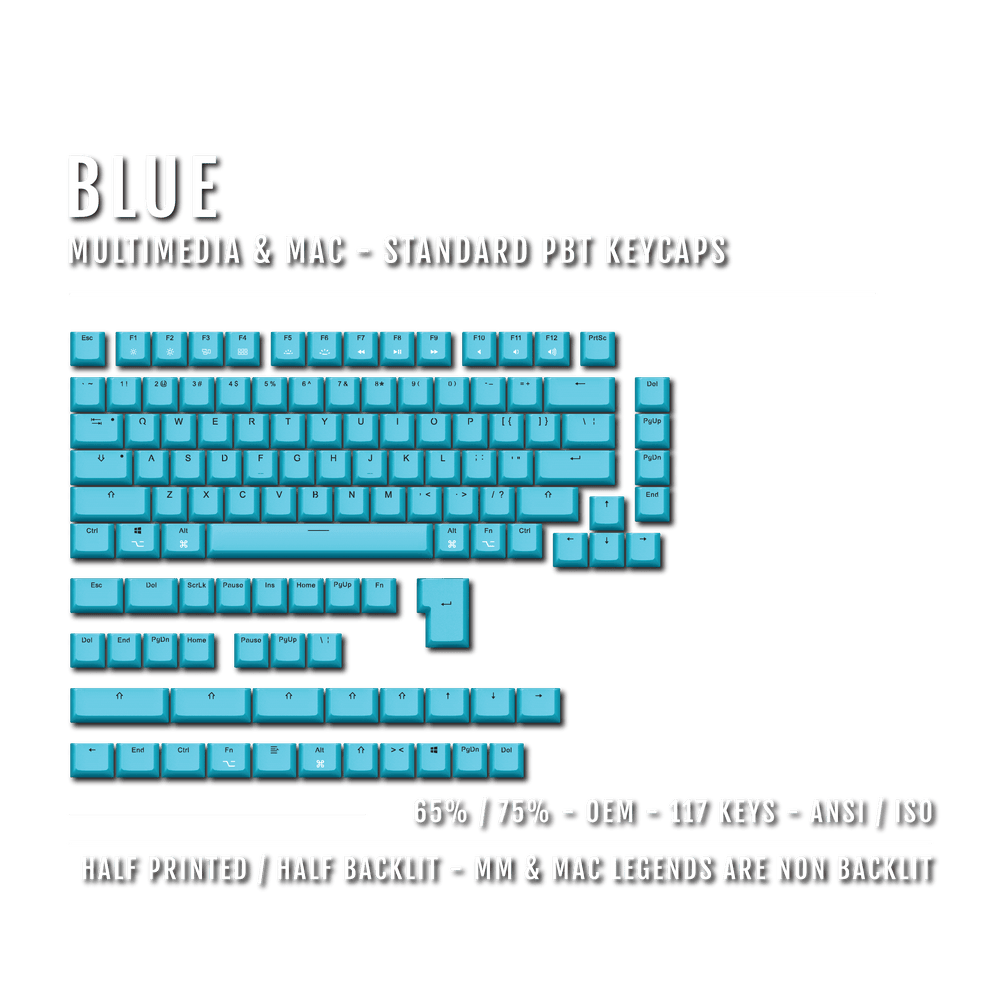 Blue Mac & Multimedia Dual Language PBT Keycaps - 65/75% Krome Keycaps LTD mac & multimedia