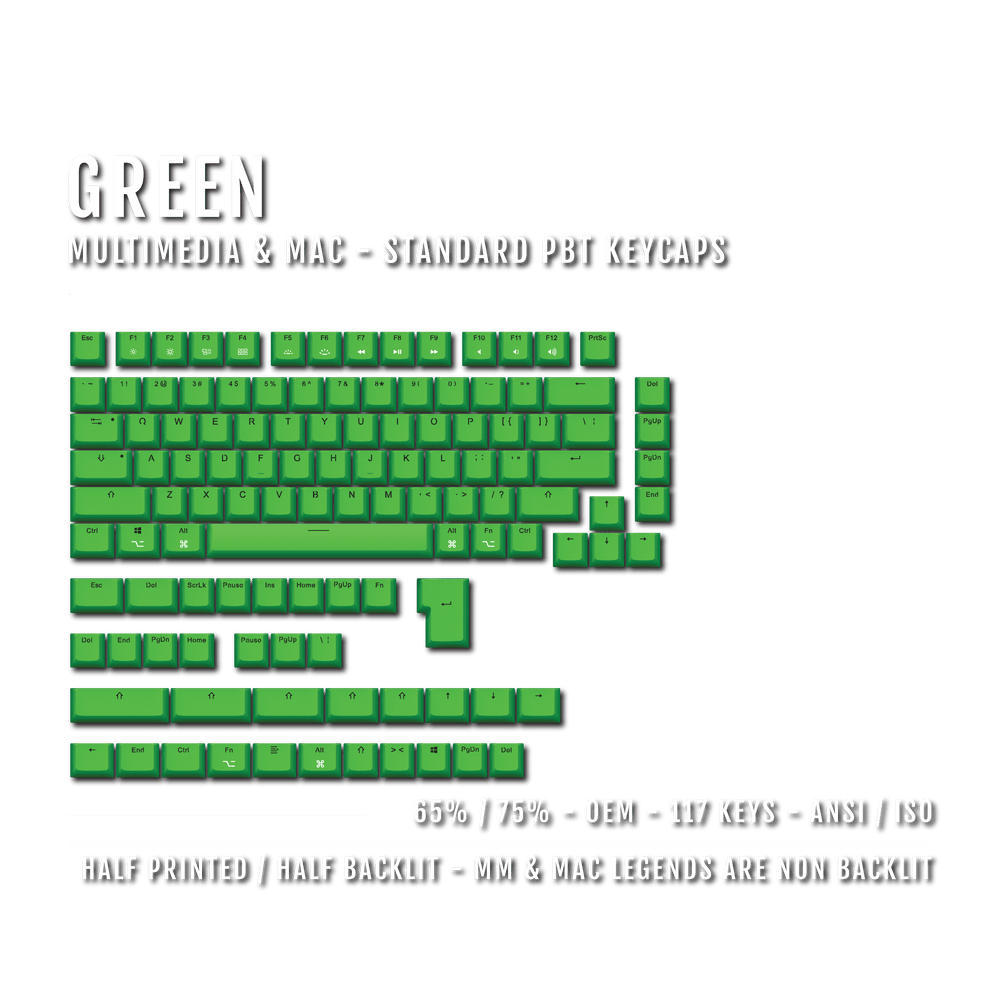 Green Mac & Multimedia Dual Language PBT Keycaps - 65/75% Krome Keycaps LTD mac & multimedia