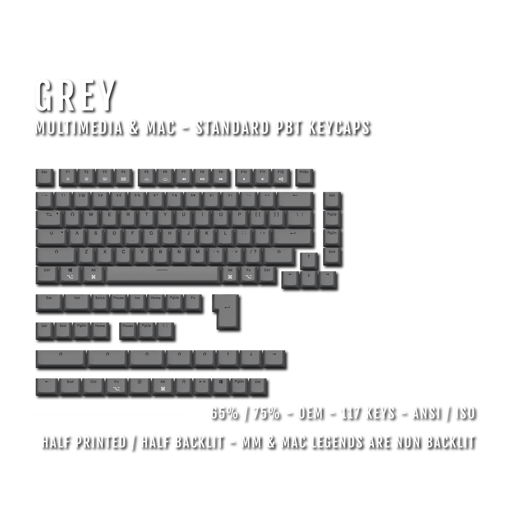 Grey Mac & Multimedia Dual Language PBT Keycaps - 65/75% Krome Keycaps LTD mac & multimedia