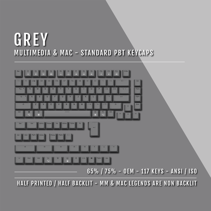 Grey Mac & Multimedia Dual Language PBT Keycaps - 65/75% Krome Keycaps LTD mac & multimedia