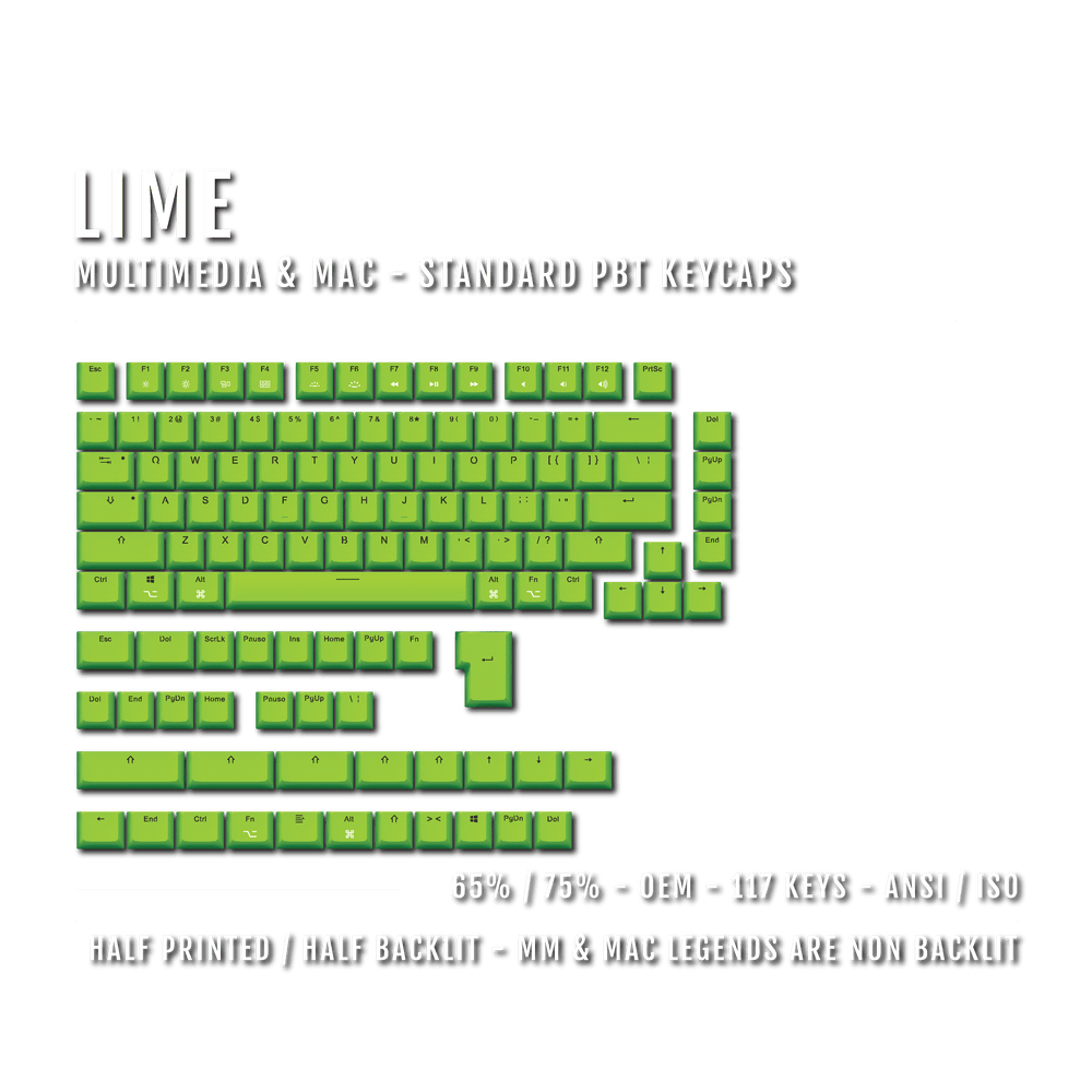 Lime Mac & Multimedia Dual Language PBT Keycaps - 65/75% Krome Keycaps LTD mac & multimedia