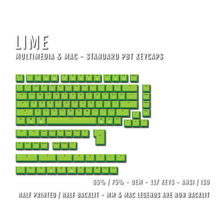 Lime Mac & Multimedia Dual Language PBT Keycaps - 65/75% Krome Keycaps LTD mac & multimedia