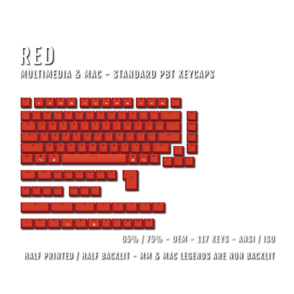 Red Mac & Multimedia Dual Language PBT Keycaps - 65/75% Krome Keycaps LTD mac & multimedia