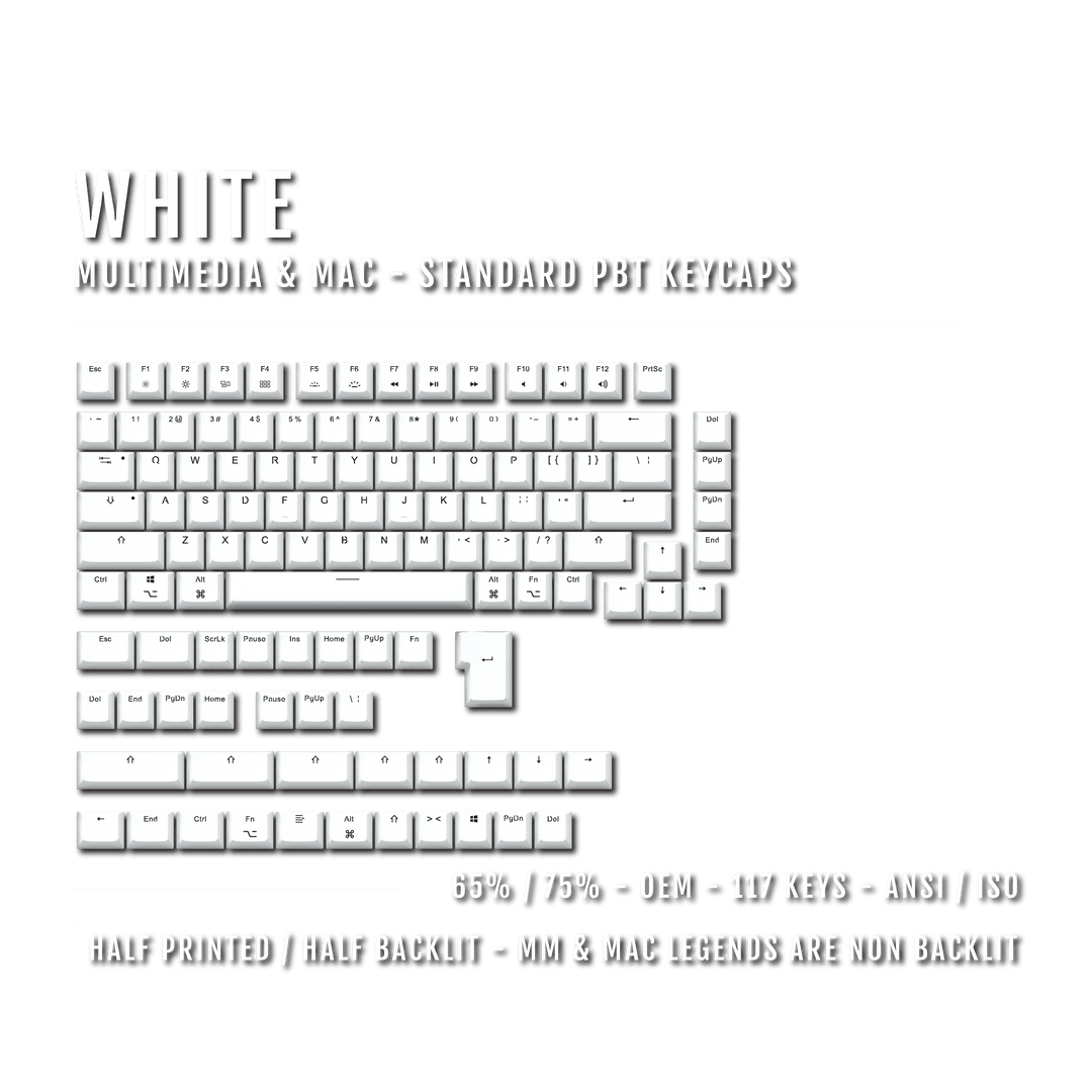 White Mac & Multimedia Dual Language PBT Keycaps - 65/75% Krome Keycaps LTD mac & multimedia