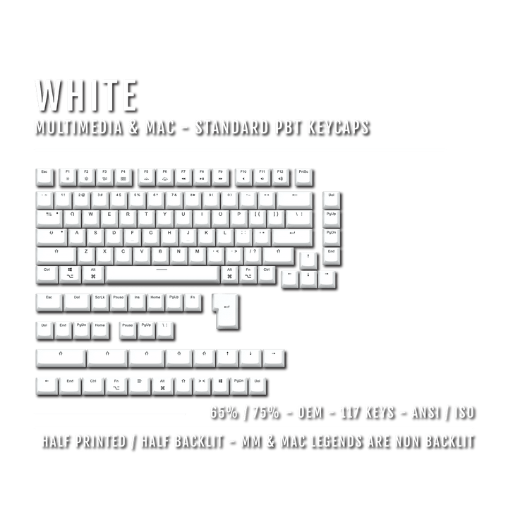 White Mac & Multimedia Dual Language PBT Keycaps - 65/75% Krome Keycaps LTD mac & multimedia