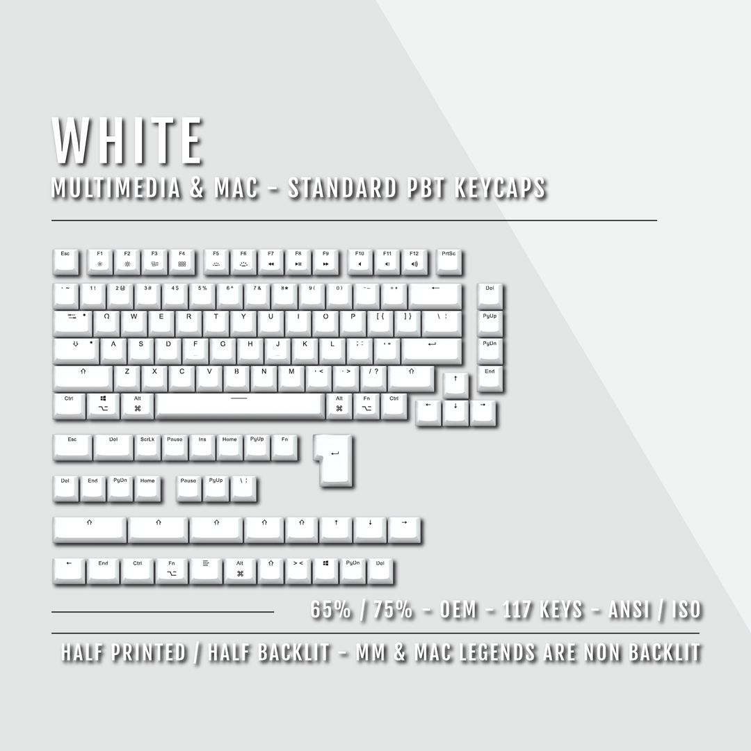 White Mac & Multimedia Dual Language PBT Keycaps - 65/75% Krome Keycaps LTD mac & multimedia