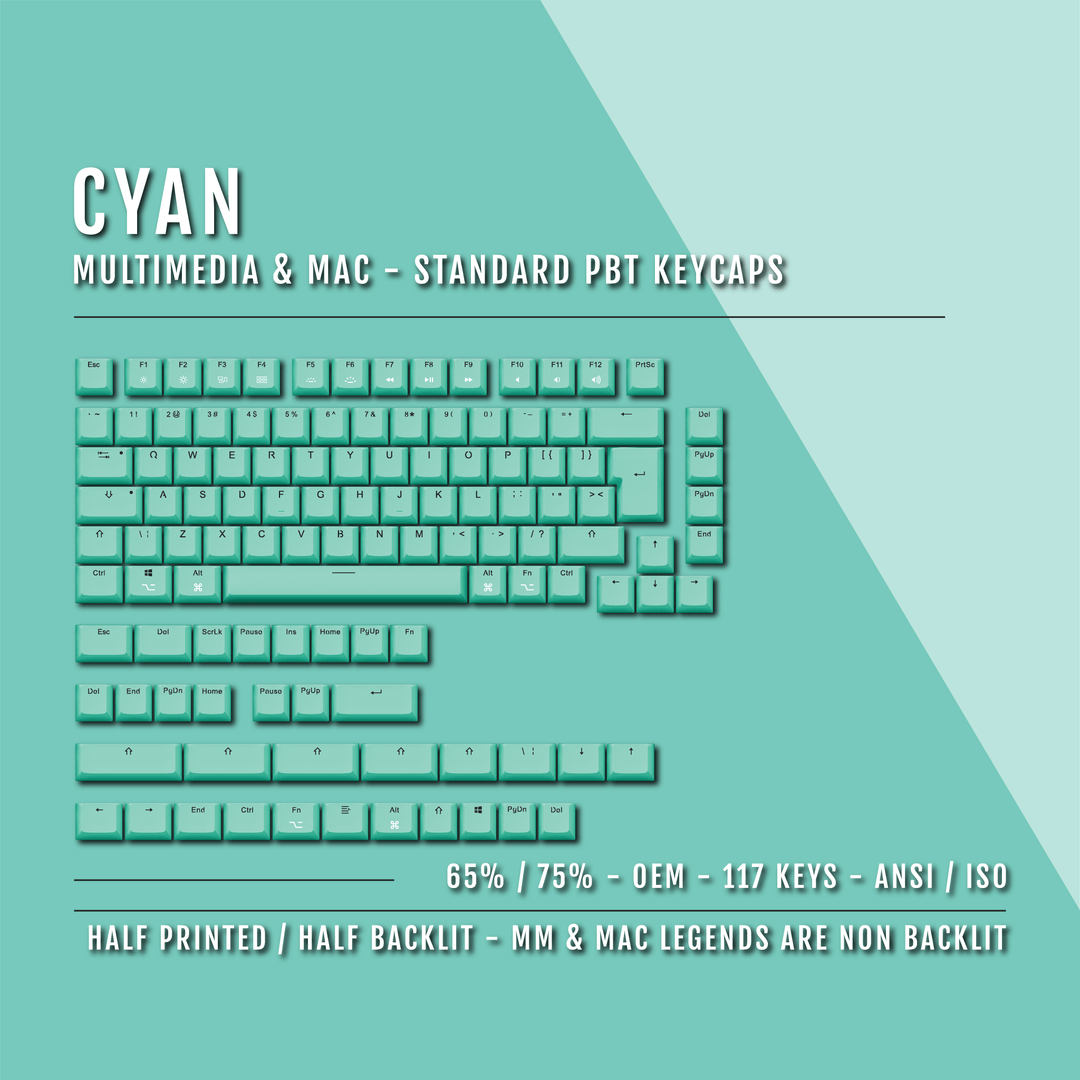 Cyan Mac & Multimedia Dual Language PBT Keycaps - 65/75% Krome Keycaps LTD mac & multimedia
