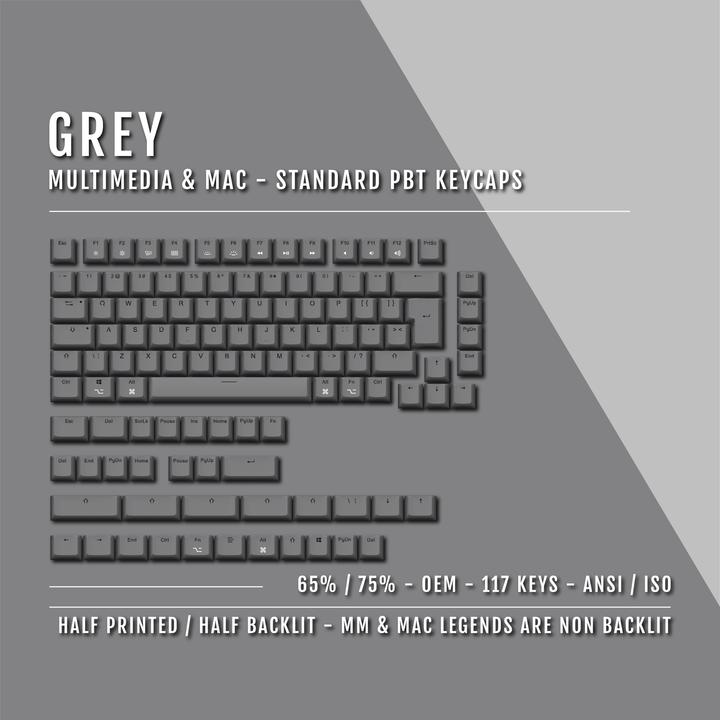 Grey Mac & Multimedia Dual Language PBT Keycaps - 65/75% Krome Keycaps LTD mac & multimedia