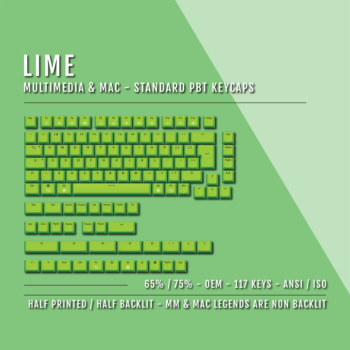 Lime Mac & Multimedia Dual Language PBT Keycaps - 65/75% Krome Keycaps LTD mac & multimedia