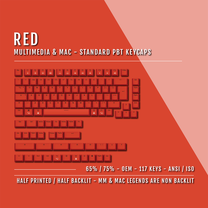 Red Mac & Multimedia Dual Language PBT Keycaps - 65/75% Krome Keycaps LTD mac & multimedia
