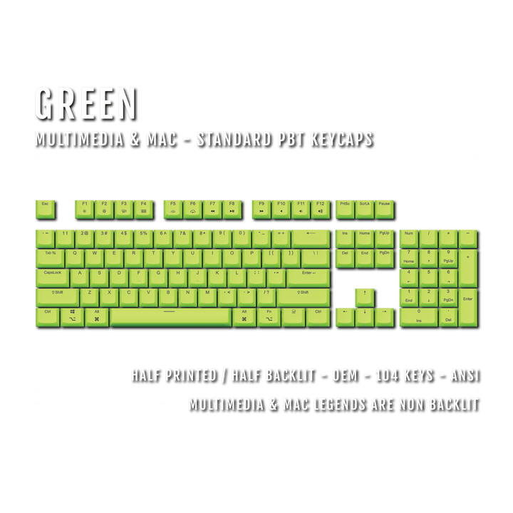 US Green PBT Mac & Multimedia Keycaps - 100% Size - Dual Language Keycaps - kromekeycaps