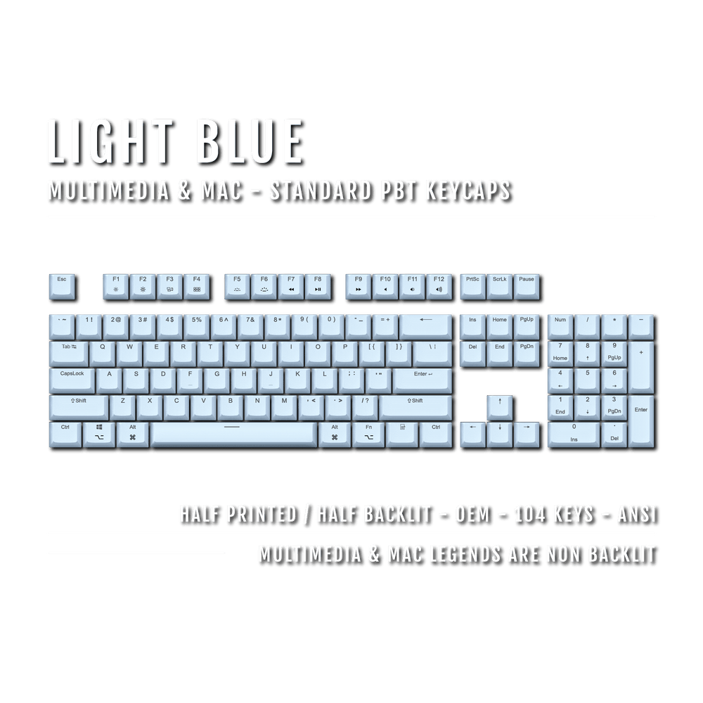 US Light Blue PBT Mac & Multimedia Keycaps - 100% Size - Dual Language Keycaps - kromekeycaps