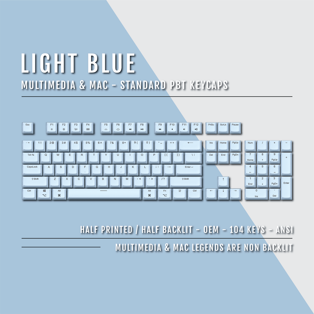 US Light Blue PBT Mac & Multimedia Keycaps - 100% Size - Dual Language Keycaps - kromekeycaps