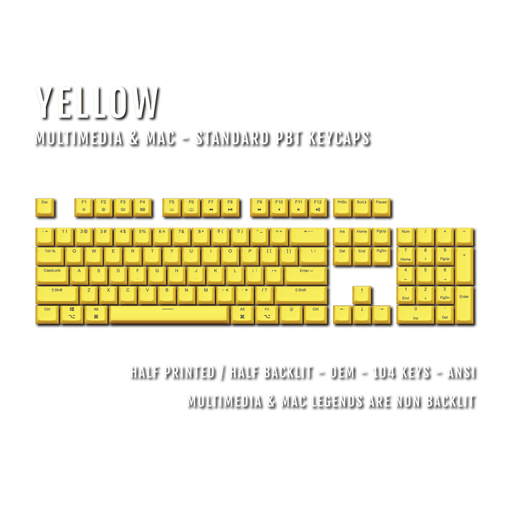 US Yellow PBT Mac & Multimedia Keycaps - 100% Size - Dual Language Keycaps - kromekeycaps