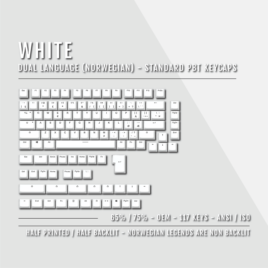 White Norwegian (ISO-NO) Dual Language PBT Keycaps - 65/75% Krome Keycaps LTD norwegian