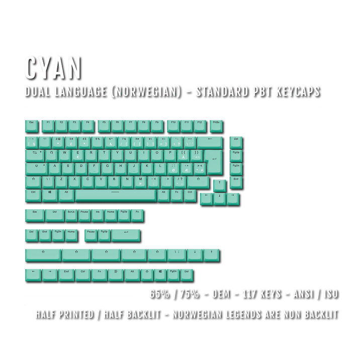 Cyan PBT Norwegian Keycaps - ISO-NO - 65/75% Sizes - Dual Language Keycaps - kromekeycaps