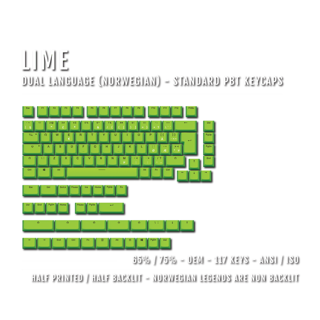 Lime PBT Norwegian Keycaps - ISO-NO - 65/75% Sizes - Dual Language Keycaps - kromekeycaps