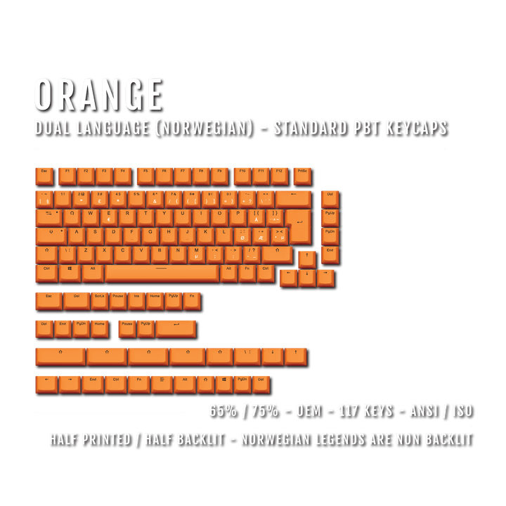 Orange Norwegian (ISO-NO) Dual Language PBT Keycaps - 65/75% Krome Keycaps LTD norwegian