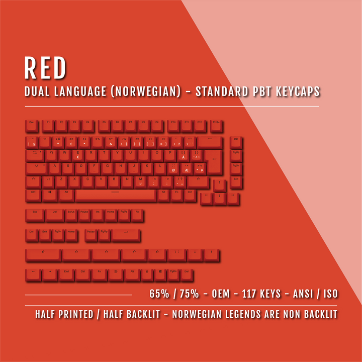 Red Norwegian (ISO-NO) Dual Language PBT Keycaps - 65/75% Krome Keycaps LTD norwegian