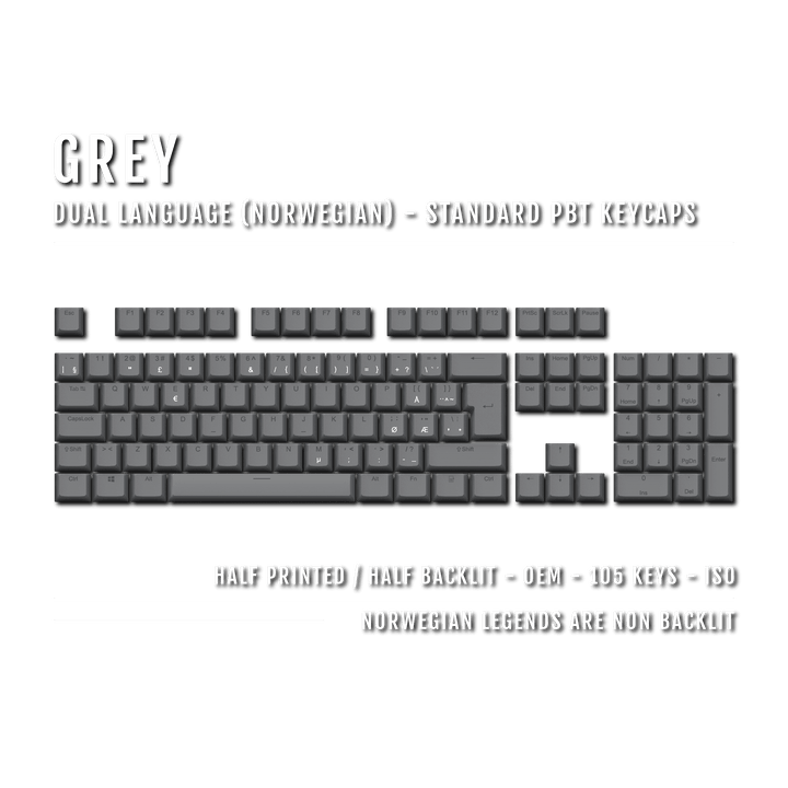 Grey PBT Norwegian Keycaps - ISO-NO - 100% Size - Dual Language Keycaps - kromekeycaps