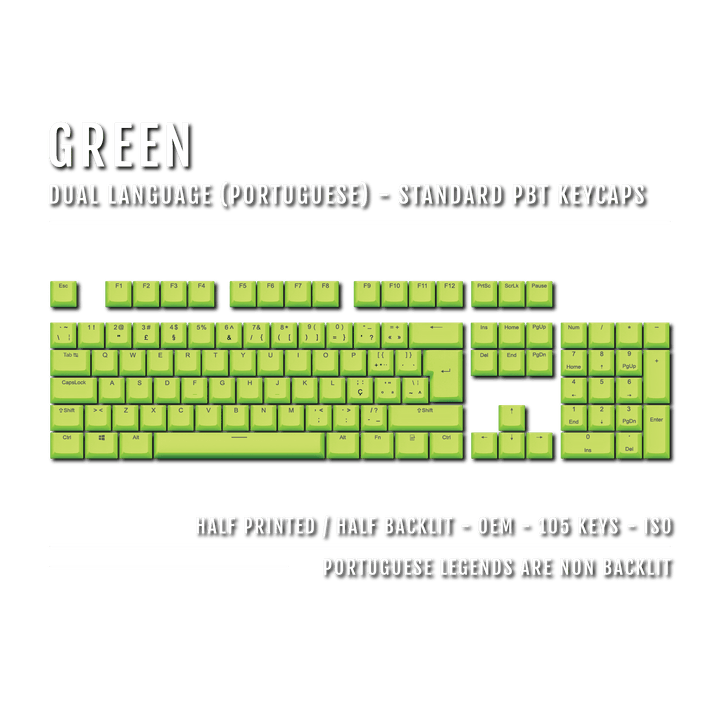 Green PBT Portuguese Keycaps - ISO-PT - 100% Size - Dual Language Keycaps - kromekeycaps