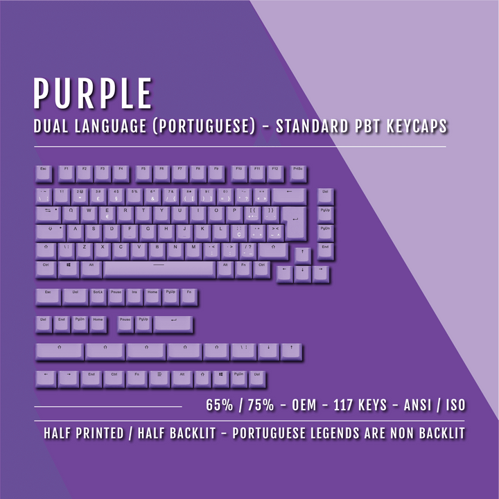 Purple Portuguese (ISO-PT) Dual Language PBT Keycaps - 65/75% Krome Keycaps LTD portuguese