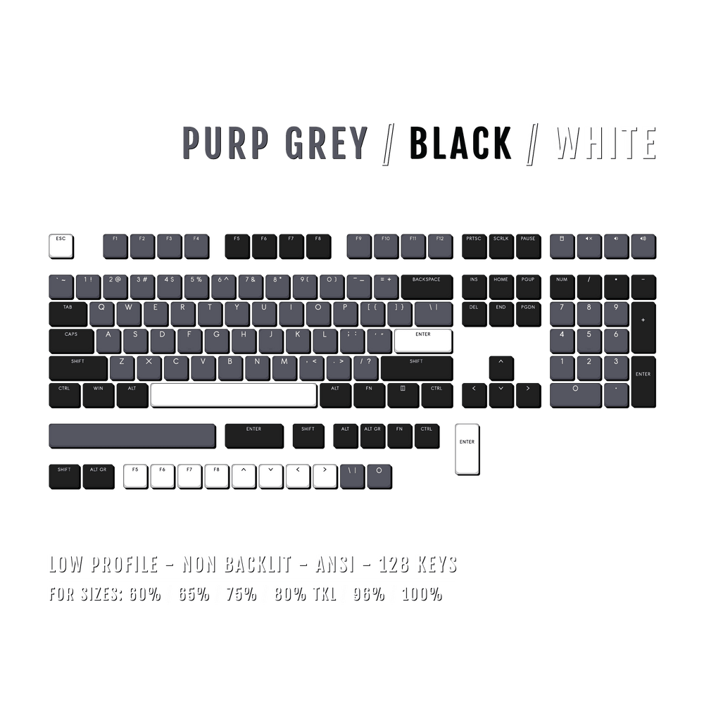 Purple Grey/Black/White Low Profile PBT Keycaps Krome Keycaps LTD Non Backlit Low Profile