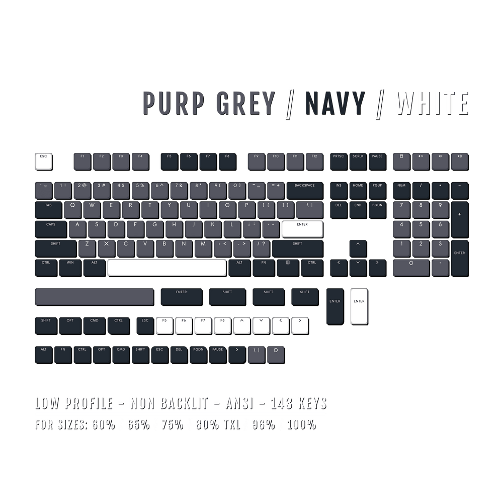 Purple Grey/Navy/White Low Profile PBT Keycaps Krome Keycaps LTD Non Backlit Low Profile