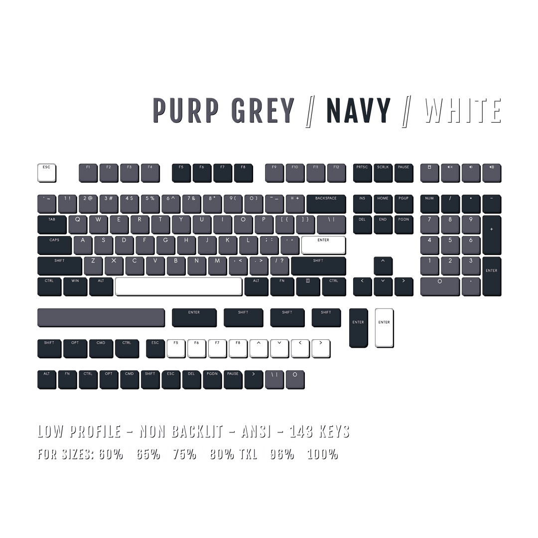 Purple Grey/Navy/White Low Profile PBT Keycaps Krome Keycaps LTD Non Backlit Low Profile