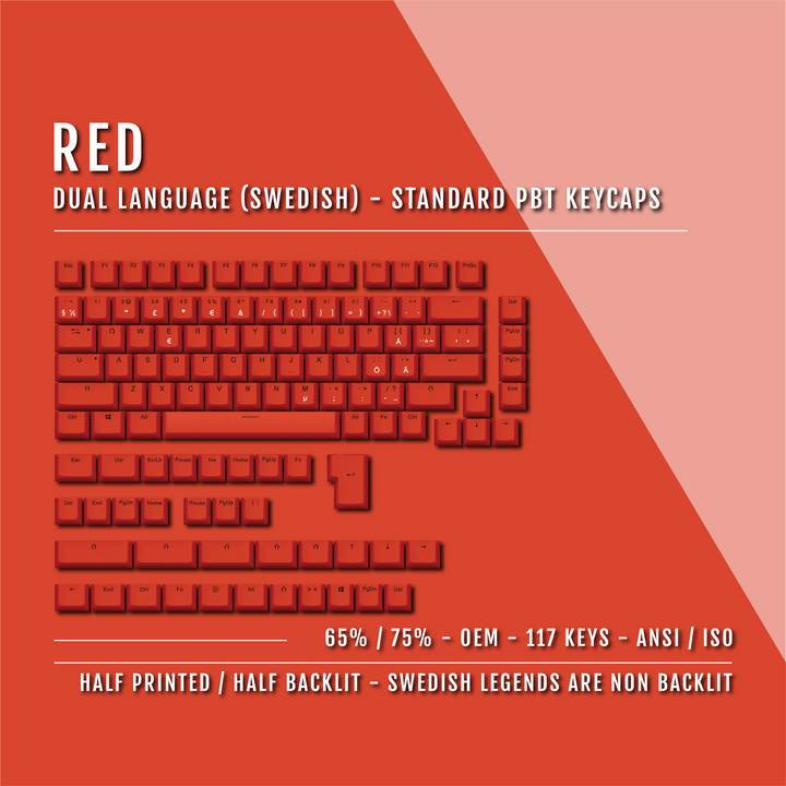 Red PBT Swedish Keycaps - ISO-SE - 65/75% Sizes - Dual Language Keycaps - kromekeycaps