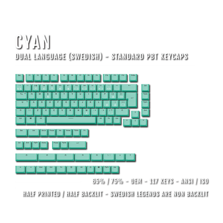 Cyan Swedish (ISO-SE) Dual Language PBT Keycaps - 65/75% Krome Keycaps LTD swedish