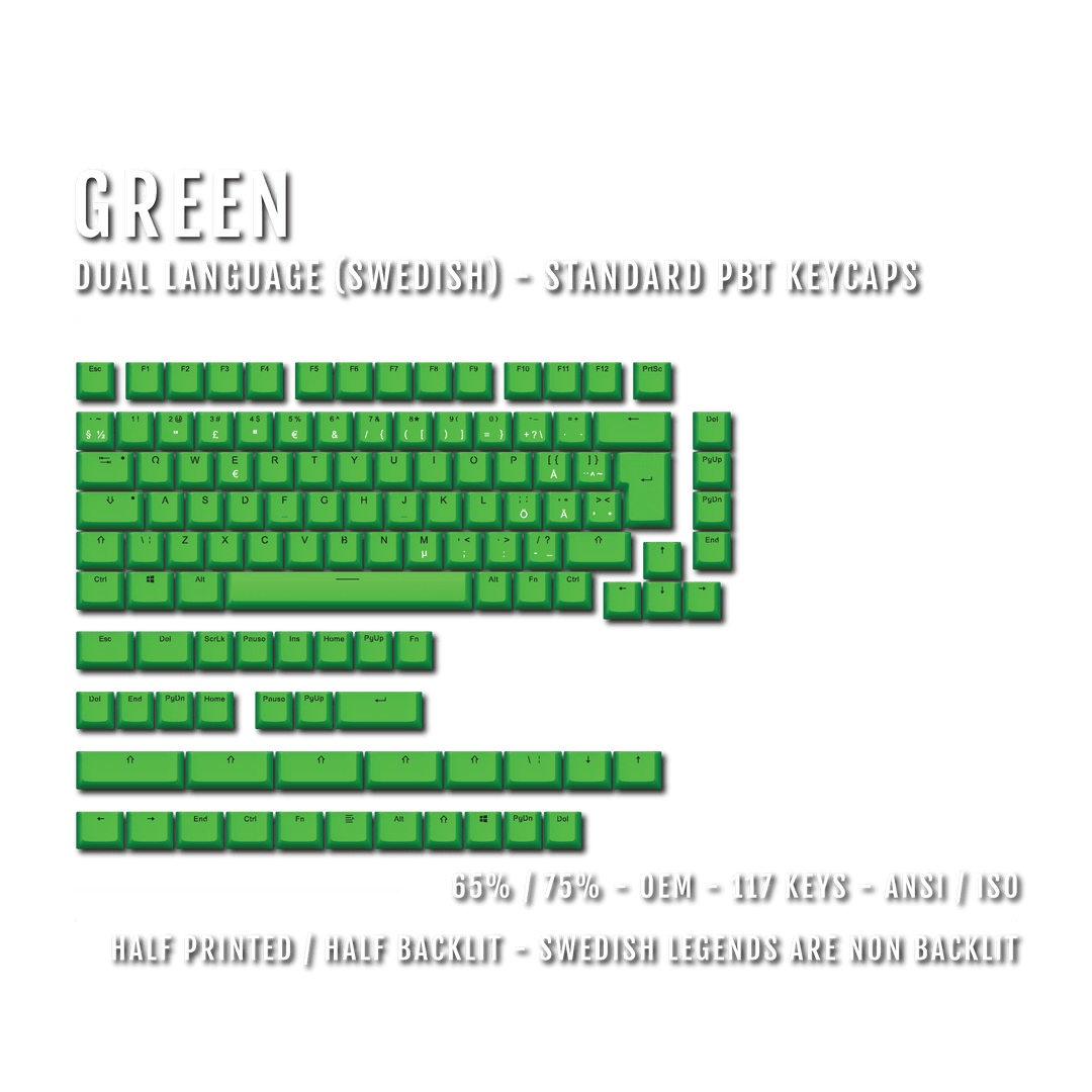 Green PBT Swedish Keycaps - ISO-SE - 65/75% Sizes - Dual Language Keycaps - kromekeycaps