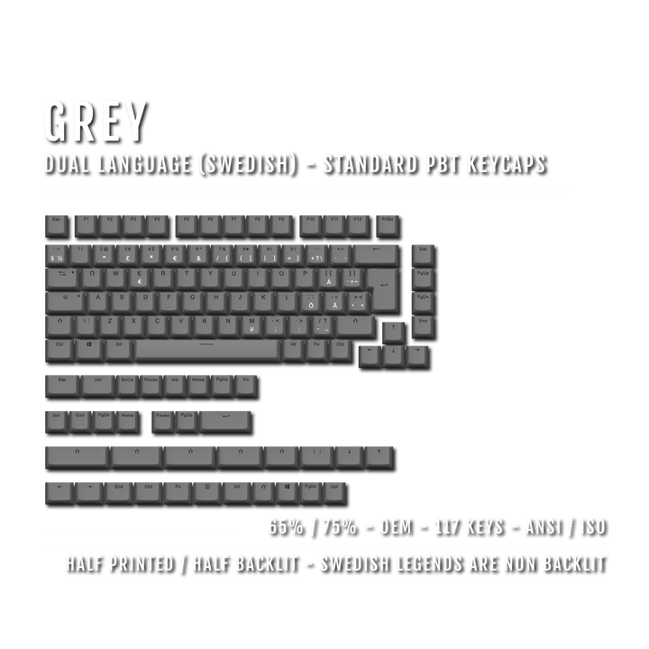 Grey Swedish (ISO-SE) Dual Language PBT Keycaps - 65/75% Krome Keycaps LTD swedish