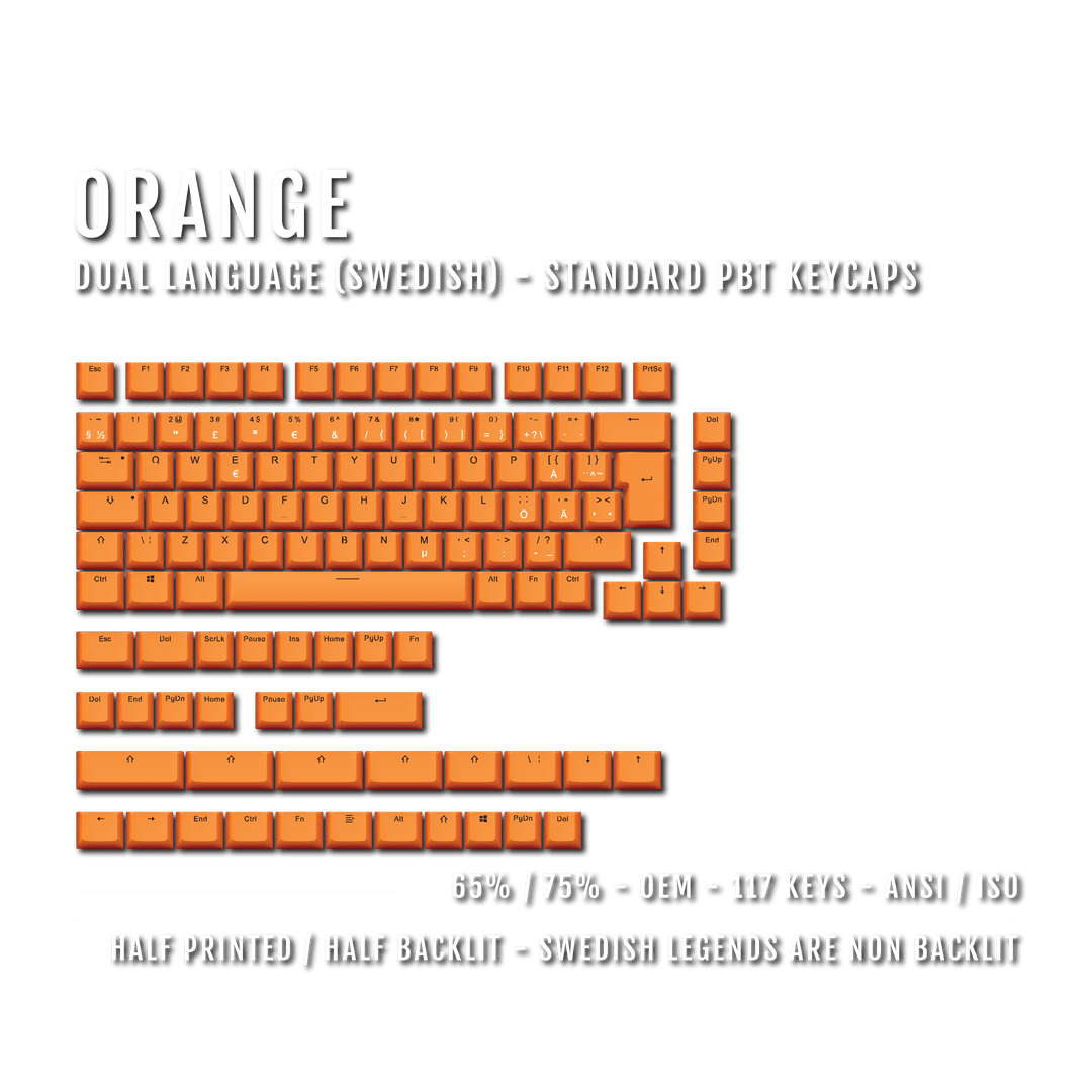 Orange PBT Swedish Keycaps - ISO-SE - 65/75% Sizes - Dual Language Keycaps - kromekeycaps