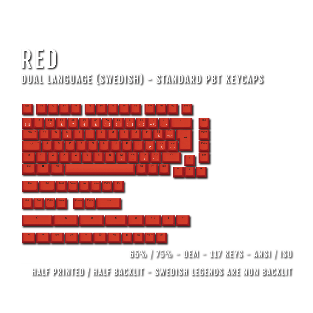 Red PBT Swedish Keycaps - ISO-SE - 65/75% Sizes - Dual Language Keycaps - kromekeycaps