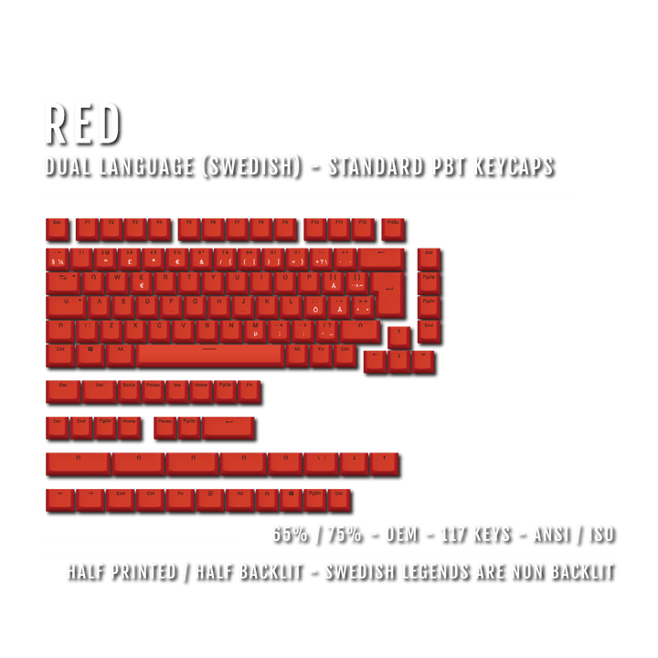 Red PBT Swedish Keycaps - ISO-SE - 65/75% Sizes - Dual Language Keycaps - kromekeycaps