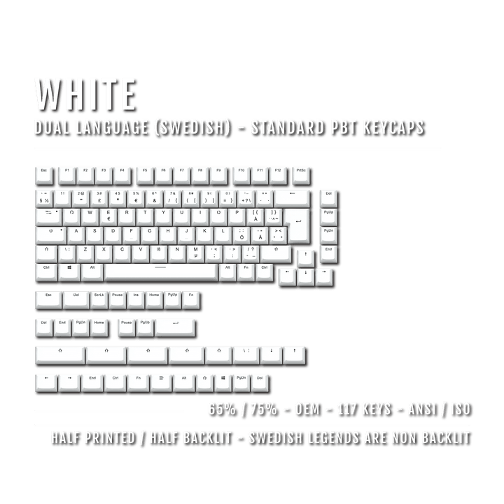 White PBT Swedish Keycaps - ISO-SE - 65/75% Sizes - Dual Language Keycaps - kromekeycaps