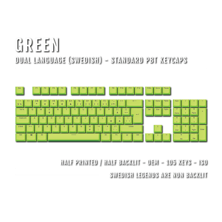 Green PBT Swedish Keycaps - ISO-SE - 100% Size - Dual Language Keycaps - kromekeycaps