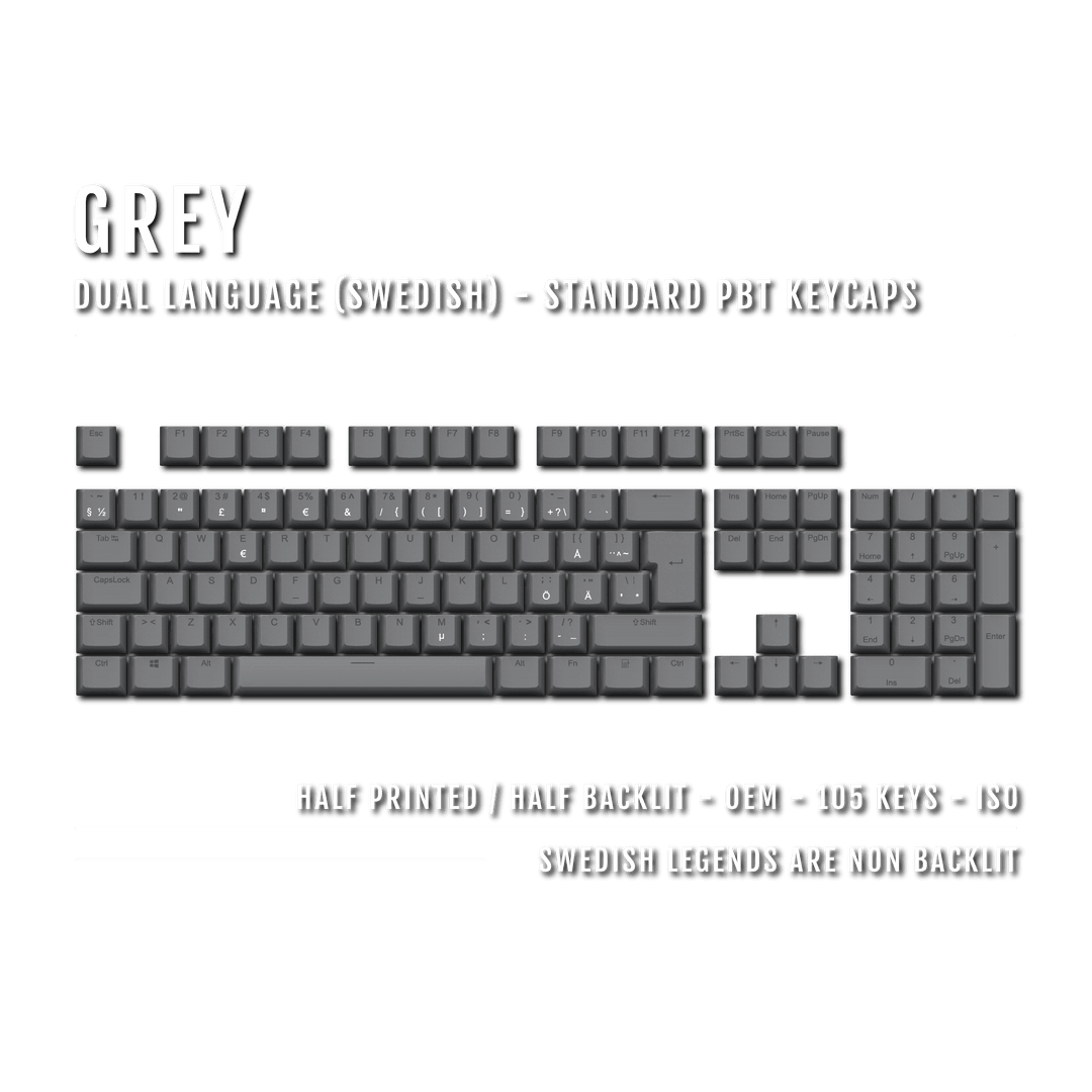 Grey PBT Swedish Keycaps - ISO-SE - 100% Size - Dual Language Keycaps - kromekeycaps