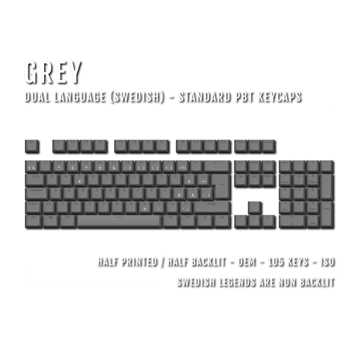 Grey PBT Swedish Keycaps - ISO-SE - 100% Size - Dual Language Keycaps - kromekeycaps