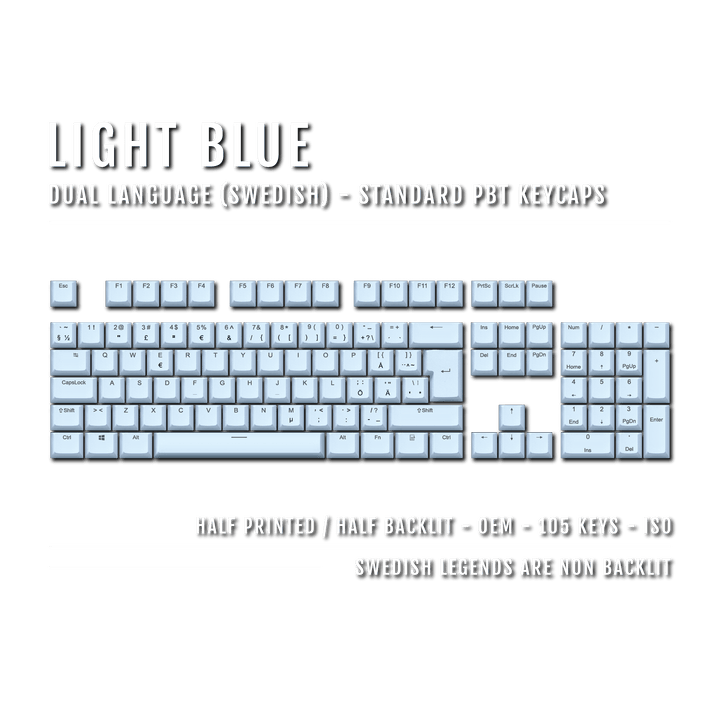 Light Blue PBT Swedish Keycaps - ISO-SE - 100% Size - Dual Language Keycaps - kromekeycaps