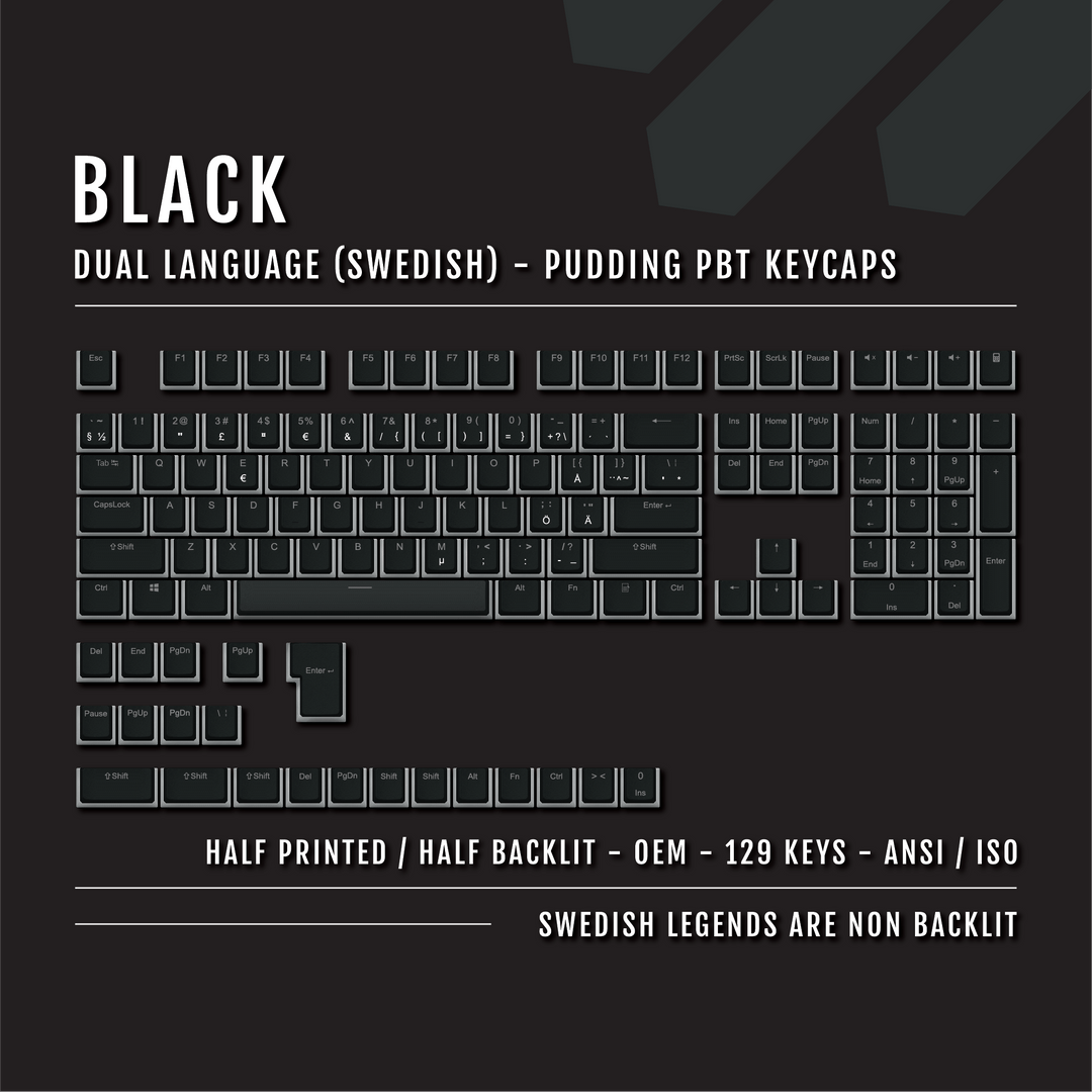 Black Swedish (ISO-SE) Dual Language PBT Pudding Keycaps Krome Keycaps LTD swedish