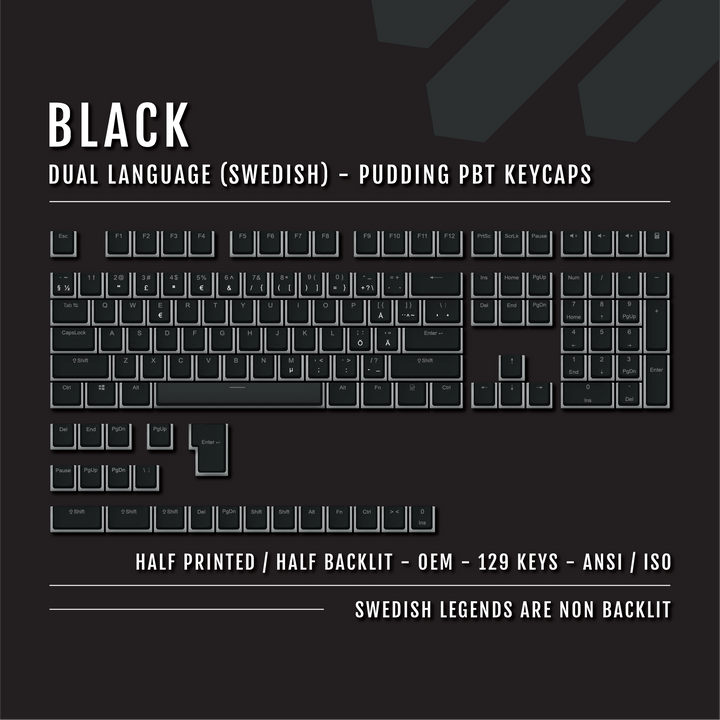 Black Swedish (ISO-SE) Dual Language PBT Pudding Keycaps Krome Keycaps LTD swedish