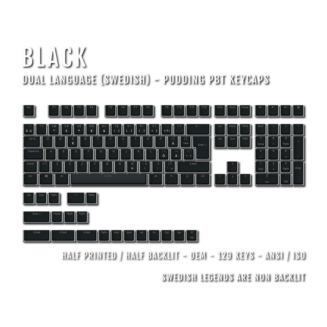 Black Swedish (ISO-SE) Dual Language PBT Pudding Keycaps Krome Keycaps LTD swedish